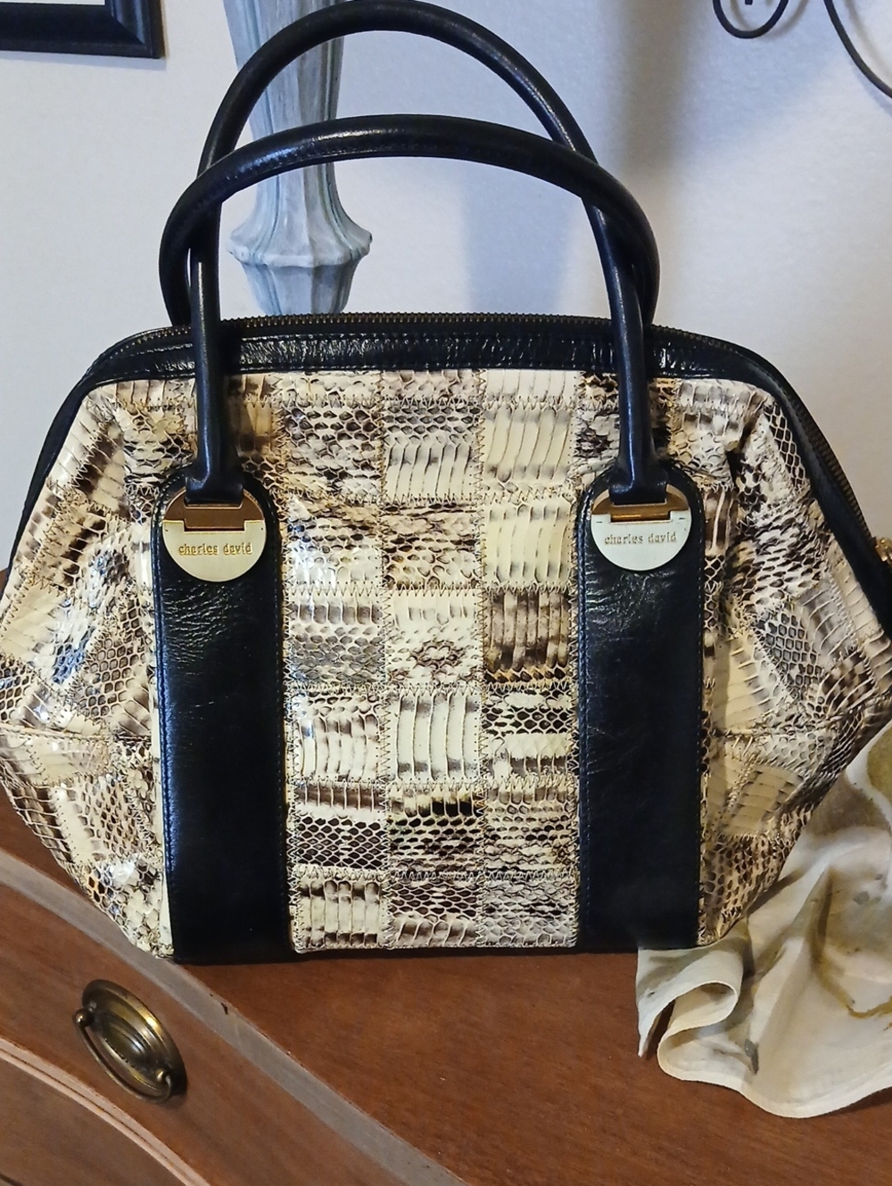 Charles David Black and Cream Snake-Print Satchel with Gold Hardware
